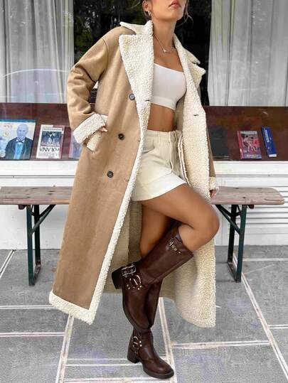 SHEIN EZwear معطف نسائي مزخرف بنمط المربعات البني مع طوق منقلب وأزرار مزدوجة، مناسب للخريف والشتاء