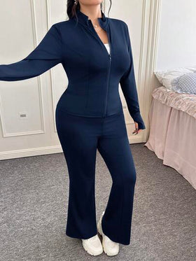SHEIN EZwear بدلة كاجوال من قطعتين للمرأة البدينة، جاكيت خفيفة الوزن للرياضة وبنطلون واسع، مجموعة بنطلون قطعتين للمرأة البدينة باللون الأزرق الكحلي، بدلة بنطلون للمرأة البدينة بأكمام طويلة باللون الأزرق الكحلي، ملابس خريفية للمرأة