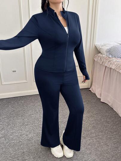 SHEIN EZwear بدلة كاجوال من قطعتين للمرأة البدينة، جاكيت خفيفة الوزن للرياضة وبنطلون واسع، مجموعة بنطلون قطعتين للمرأة البدينة باللون الأزرق الكحلي، بدلة بنطلون للمرأة البدينة بأكمام طويلة باللون الأزرق الكحلي، ملابس خريفية للمرأة