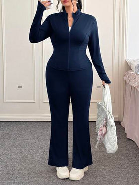 SHEIN EZwear بدلة كاجوال من قطعتين للمرأة البدينة، جاكيت خفيفة الوزن للرياضة وبنطلون واسع، مجموعة بنطلون قطعتين للمرأة البدينة باللون الأزرق الكحلي، بدلة بنطلون للمرأة البدينة بأكمام طويلة باللون الأزرق الكحلي، ملابس خريفية للمرأة
