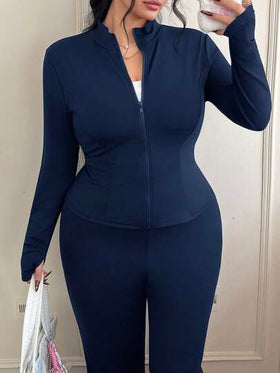 SHEIN EZwear بدلة كاجوال من قطعتين للمرأة البدينة، جاكيت خفيفة الوزن للرياضة وبنطلون واسع، مجموعة بنطلون قطعتين للمرأة البدينة باللون الأزرق الكحلي، بدلة بنطلون للمرأة البدينة بأكمام طويلة باللون الأزرق الكحلي، ملابس خريفية للمرأة