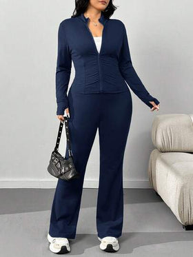 SHEIN EZwear بدلة كاجوال من قطعتين للمرأة البدينة، جاكيت خفيفة الوزن للرياضة وبنطلون واسع، مجموعة بنطلون قطعتين للمرأة البدينة باللون الأزرق الكحلي، بدلة بنطلون للمرأة البدينة بأكمام طويلة باللون الأزرق الكحلي، ملابس خريفية للمرأة