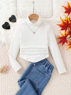 SHEIN بلوزة أساسية محبوكة بياقة مرتفعة مجعدة للفتيات الصغيرات، لون أحادي، مناسبة للارتداء اليومي والكاجوال في فصلي الخريف والشتاء، متناسقة مع الأم، مناسبة لعيد الميلاد