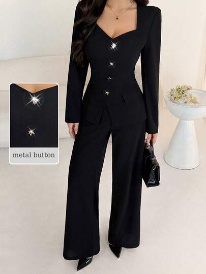 Modelyn رمضان ملابس علوية أنيقة للنساء بأكمام طويلة وخصر مجمع على شكل خط A مع أزرار وجيوب وهمية، وبنطلون ذو ساق مستقيمة باللون الأسود، موسم الخريف