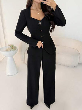 Modelyn رمضان ملابس علوية أنيقة للنساء بأكمام طويلة وخصر مجمع على شكل خط A مع أزرار وجيوب وهمية، وبنطلون ذو ساق مستقيمة باللون الأسود، موسم الخريف