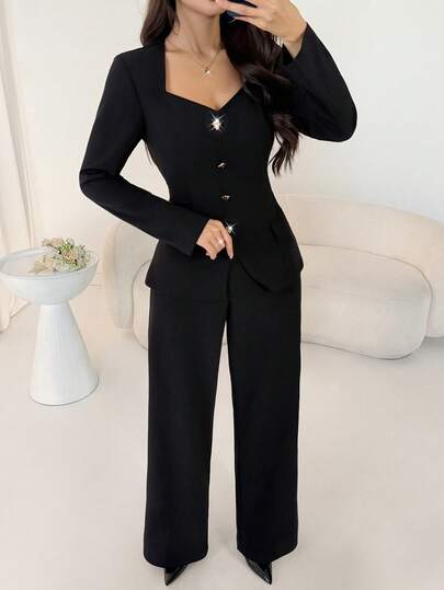 Modelyn رمضان ملابس علوية أنيقة للنساء بأكمام طويلة وخصر مجمع على شكل خط A مع أزرار وجيوب وهمية، وبنطلون ذو ساق مستقيمة باللون الأسود، موسم الخريف