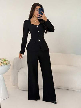 Modelyn رمضان ملابس علوية أنيقة للنساء بأكمام طويلة وخصر مجمع على شكل خط A مع أزرار وجيوب وهمية، وبنطلون ذو ساق مستقيمة باللون الأسود، موسم الخريف