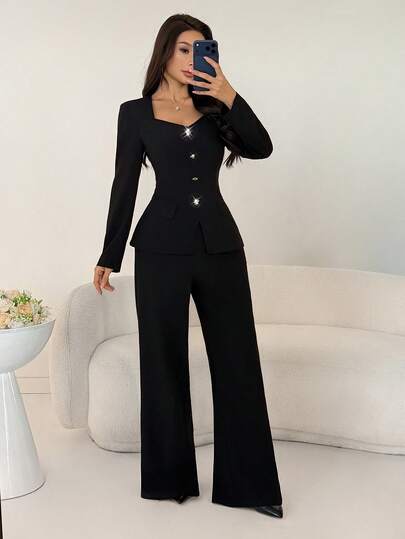 Modelyn رمضان ملابس علوية أنيقة للنساء بأكمام طويلة وخصر مجمع على شكل خط A مع أزرار وجيوب وهمية، وبنطلون ذو ساق مستقيمة باللون الأسود، موسم الخريف
