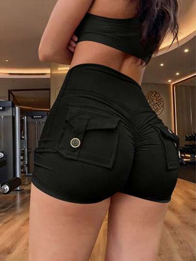 شورت كارجو بخصر واسع وجيوب، رافع وشكل المؤخرة، مناسب للياقة البدنية والرياضة الكاجوال باللون الأسود