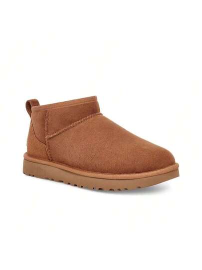 بوت الشتاء من الفراء الطبيعي من UGG كلاسيك ألترا ميني، دافئة ومقاومة للانزلاق، مبطنة حرارية، بوت كاجوال متعددة الاستخدامات للكاحل والثلج، للنساء، لون بني داكن