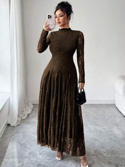 Modelyn رمضان فستان نسائي ضيق بياقة مزيّنة بالدانتيل وخصر مشدود