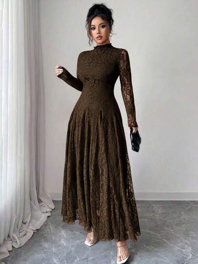 Modelyn رمضان فستان نسائي ضيق بياقة مزيّنة بالدانتيل وخصر مشدود