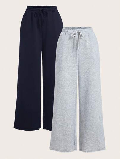SHEIN EZwear بنطلون رياضي واسع الساق بلون أحادي للنساء قطعتان