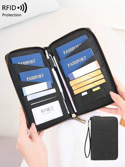 حقيبة جواز سفر CHARM INFINITE الجديدة المانعة لتقنية RFID، تستوعب عدة جوازات سفر، حافظة وثائق وتذاكر سفر، من خامة ناعمة مع سحاب طويل، مع حزام معصم قابل للفصل، هدية عيد الحب للزوجة أو الصديقة