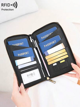 حقيبة جواز سفر CHARM INFINITE الجديدة المانعة لتقنية RFID، تستوعب عدة جوازات سفر، حافظة وثائق وتذاكر سفر، من خامة ناعمة مع سحاب طويل، مع حزام معصم قابل للفصل، هدية عيد الحب للزوجة أو الصديقة