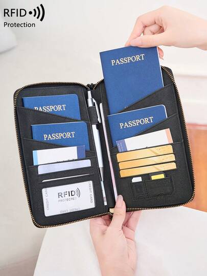 حقيبة جواز سفر CHARM INFINITE الجديدة المانعة لتقنية RFID، تستوعب عدة جوازات سفر، حافظة وثائق وتذاكر سفر، من خامة ناعمة مع سحاب طويل، مع حزام معصم قابل للفصل، هدية عيد الحب للزوجة أو الصديقة