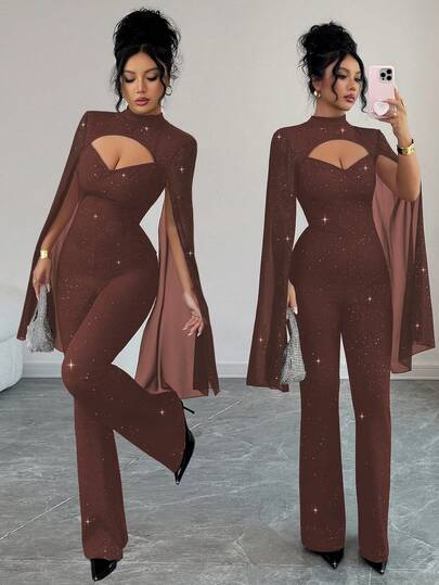 SHEIN Elenzya جمبسوت نسائية بياقة عالية مفرغة بتصميم لامع، جمبسوت حفلات مناسبة ومطابقة للجسم