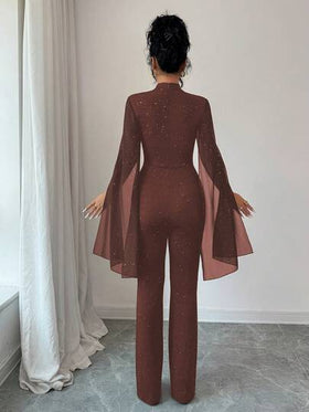 SHEIN Elenzya جمبسوت نسائية بياقة عالية مفرغة بتصميم لامع، جمبسوت حفلات مناسبة ومطابقة للجسم