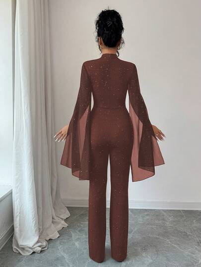 SHEIN Elenzya جمبسوت نسائية بياقة عالية مفرغة بتصميم لامع، جمبسوت حفلات مناسبة ومطابقة للجسم