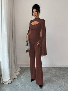 SHEIN Elenzya جمبسوت نسائية بياقة عالية مفرغة بتصميم لامع، جمبسوت حفلات مناسبة ومطابقة للجسم