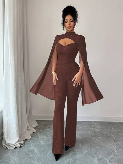 SHEIN Elenzya جمبسوت نسائية بياقة عالية مفرغة بتصميم لامع، جمبسوت حفلات مناسبة ومطابقة للجسم