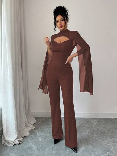SHEIN Elenzya جمبسوت نسائية بياقة عالية مفرغة بتصميم لامع، جمبسوت حفلات مناسبة ومطابقة للجسم