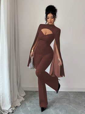 SHEIN Elenzya جمبسوت نسائية بياقة عالية مفرغة بتصميم لامع، جمبسوت حفلات مناسبة ومطابقة للجسم