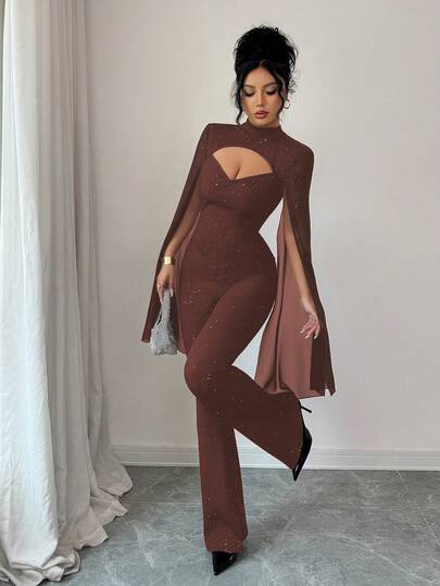 SHEIN Elenzya جمبسوت نسائية بياقة عالية مفرغة بتصميم لامع، جمبسوت حفلات مناسبة ومطابقة للجسم