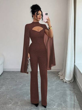 SHEIN Elenzya جمبسوت نسائية بياقة عالية مفرغة بتصميم لامع، جمبسوت حفلات مناسبة ومطابقة للجسم