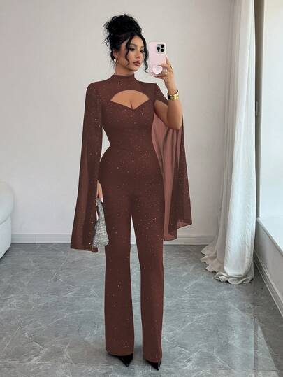 SHEIN Elenzya جمبسوت نسائية بياقة عالية مفرغة بتصميم لامع، جمبسوت حفلات مناسبة ومطابقة للجسم