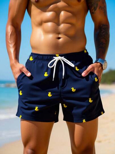 Manfinity Swimmode شورت شاطئ للرجال بخصر رباط مطبوع بطبعة بطة كرتونية