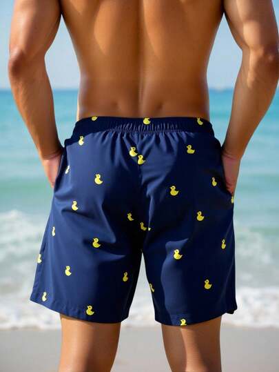 Manfinity Swimmode شورت شاطئ للرجال بخصر رباط مطبوع بطبعة بطة كرتونية