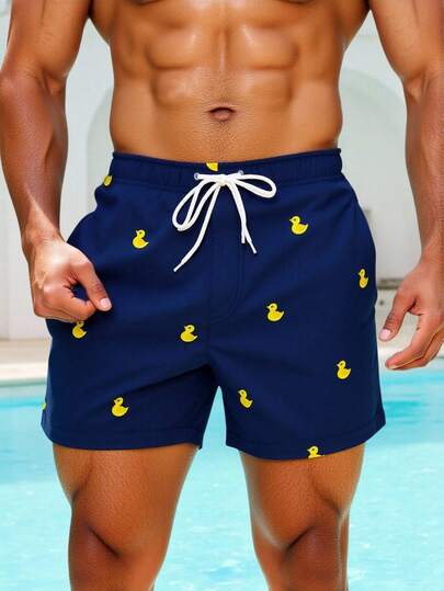 Manfinity Swimmode شورت شاطئ للرجال بخصر رباط مطبوع بطبعة بطة كرتونية