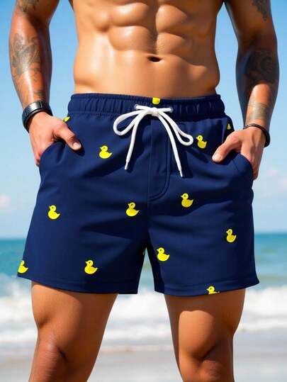 Manfinity Swimmode شورت شاطئ للرجال بخصر رباط مطبوع بطبعة بطة كرتونية