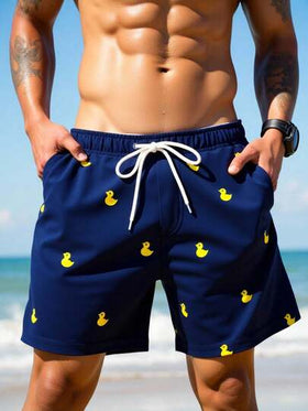 Manfinity Swimmode شورت شاطئ للرجال بخصر رباط مطبوع بطبعة بطة كرتونية