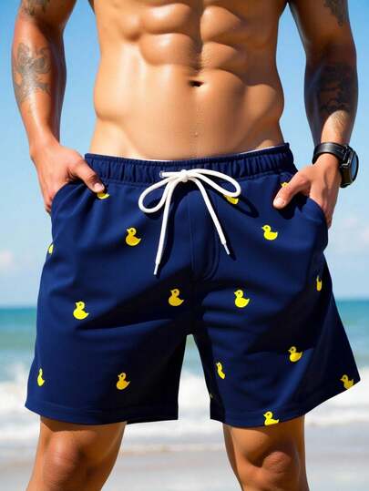 Manfinity Swimmode شورت شاطئ للرجال بخصر رباط مطبوع بطبعة بطة كرتونية