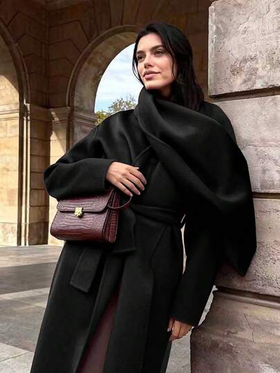 معطف صوف مخلوط كاجوال متعدد الاستخدامات للنساء، طراز كلاسيكي، أكمام طويلة، دافئ للتنقل، أنيق بطراز سيدة، معطف طويل من خليط الصوف باللون البرغندي، خريف/شتاء