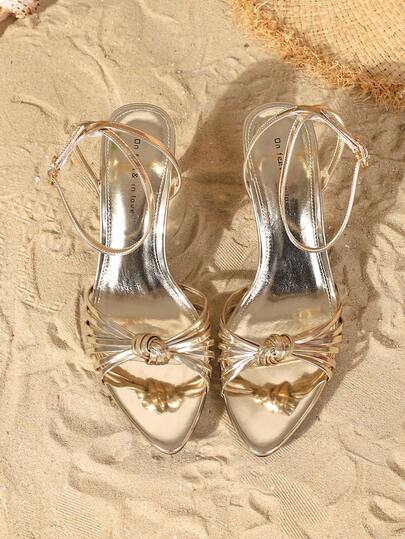 On feet& in love صنادل نسائية أنيقة وجذابة ذات كعب عالٍ وأشرطة منسوجة مدببة الأصبع، مريحة للارتداء، مناسبة للفساتين