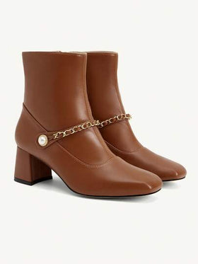 CUCCOO CHICEST بوت كاحل نسائية ذات كعب سميك بلون أحادي للتنقل اليومي بشكل بسيط