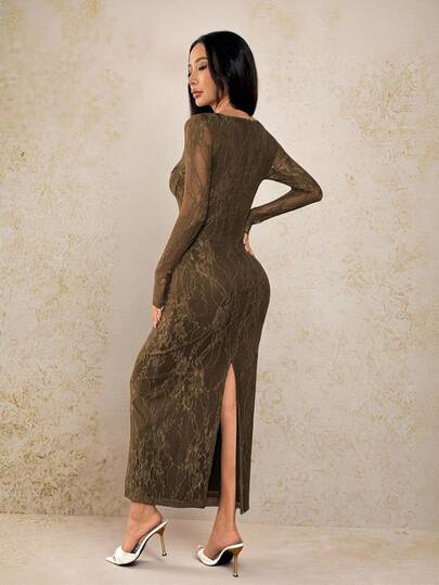 SHEIN PETITE فستان ماكسي أسود ضيق للجسم بياقة مربعة وأكمام طويلة من الدانتيل على شكل S مثير للحفلات والمناسبات الصيفية الجديد للنساء