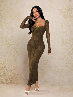 SHEIN PETITE فستان ماكسي أسود ضيق للجسم بياقة مربعة وأكمام طويلة من الدانتيل على شكل S مثير للحفلات والمناسبات الصيفية الجديد للنساء