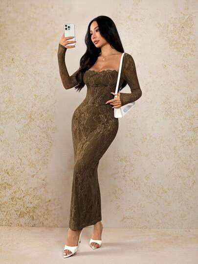 SHEIN PETITE فستان ماكسي أسود ضيق للجسم بياقة مربعة وأكمام طويلة من الدانتيل على شكل S مثير للحفلات والمناسبات الصيفية الجديد للنساء