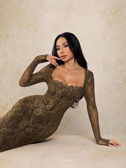 SHEIN PETITE فستان ماكسي أسود ضيق للجسم بياقة مربعة وأكمام طويلة من الدانتيل على شكل S مثير للحفلات والمناسبات الصيفية الجديد للنساء
