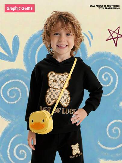 طقم قطعتين (هوديUfleece وبنطلون) للأولاد الرضع مزخرف بطباعة الدبدوب، ملابس كاجوال للخريف/الشتاء