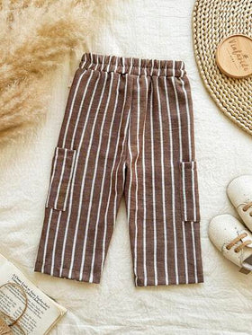 SHEIN Vintaside Kids بنطلون مخطط من خليط الكتان للأطفال الصبيان، مريح وشامل لجميع المواسم، يتناسب مع مختلف الأطقم العلوية