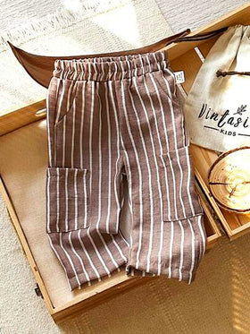 SHEIN Vintaside Kids بنطلون مخطط من خليط الكتان للأطفال الصبيان، مريح وشامل لجميع المواسم، يتناسب مع مختلف الأطقم العلوية