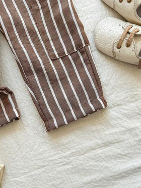 SHEIN Vintaside Kids بنطلون مخطط من خليط الكتان للأطفال الصبيان، مريح وشامل لجميع المواسم، يتناسب مع مختلف الأطقم العلوية