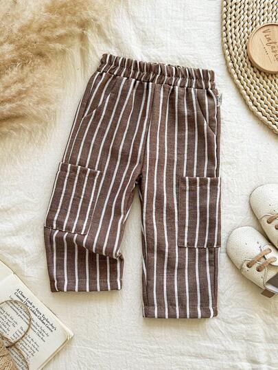 SHEIN Vintaside Kids بنطلون مخطط من خليط الكتان للأطفال الصبيان، مريح وشامل لجميع المواسم، يتناسب مع مختلف الأطقم العلوية