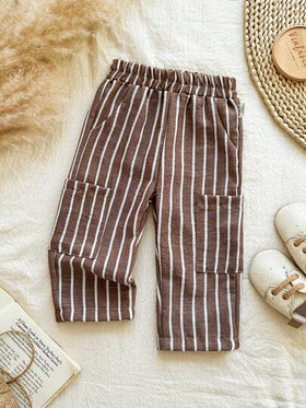 SHEIN Vintaside Kids بنطلون مخطط من خليط الكتان للأطفال الصبيان، مريح وشامل لجميع المواسم، يتناسب مع مختلف الأطقم العلوية