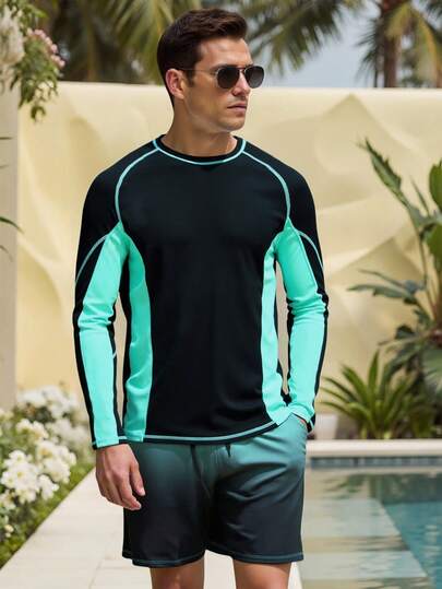 Manfinity Swimmode مجموعة بدلة سباحة للرجال مكونة من قطعتين (ملابس علوية وشورت) بتصميم لوني متباين